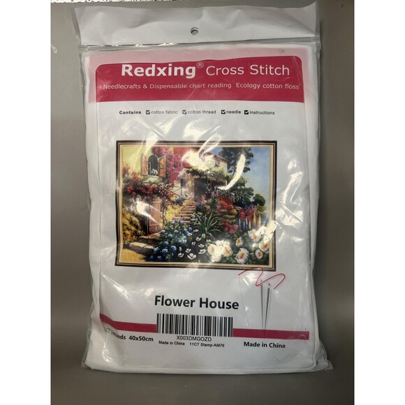 Redxing Cross Stitch Kit Flower House Pattern Stamped 40x50cm DIY Needlework Set - Picture 1 of 3